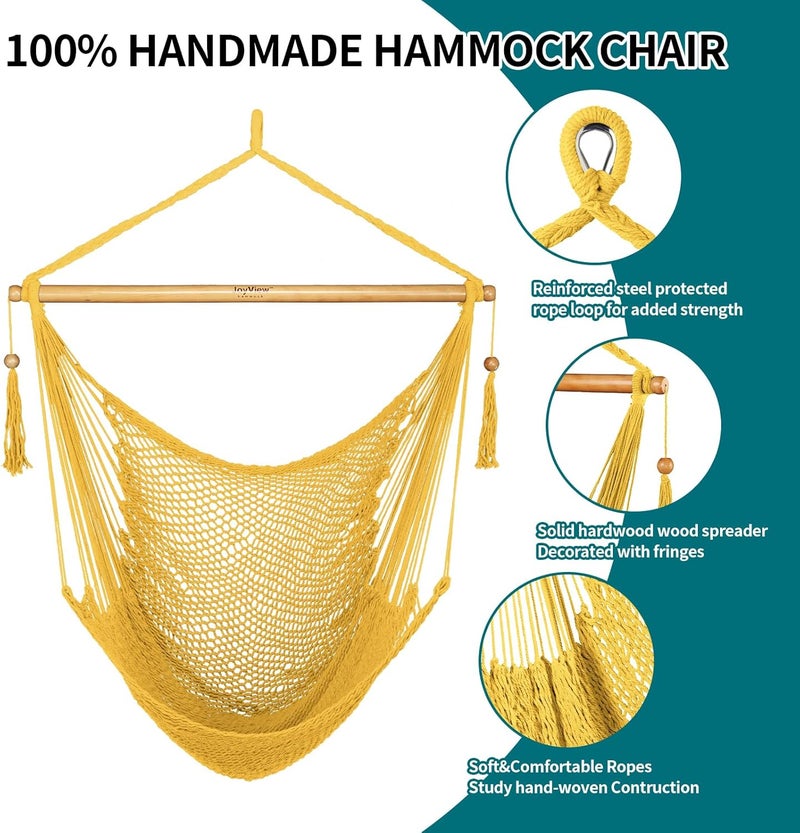 JoyView Hammock Chair with Spreader Bar Caribbean Hammock Swing Chair 300 LBS Weight Capacity XL Rope Hanging Chair for Outdoor Indoor Garden Yard - Yellow - Image 5